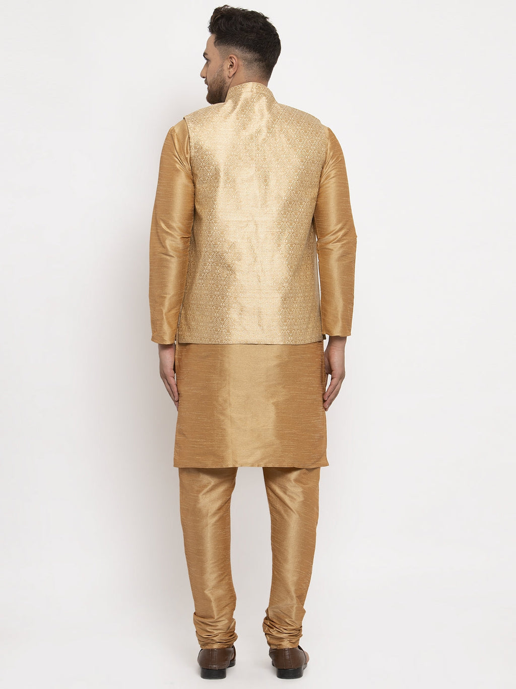 Jompers Men's Solid Dupion Kurta Pajama with Woven Jacqaurd Waistcoat (Golden-G) | Grocsy