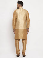 Jompers Men's Solid Dupion Kurta Pajama with Woven Jacqaurd Waistcoat (Golden-G) | Grocsy