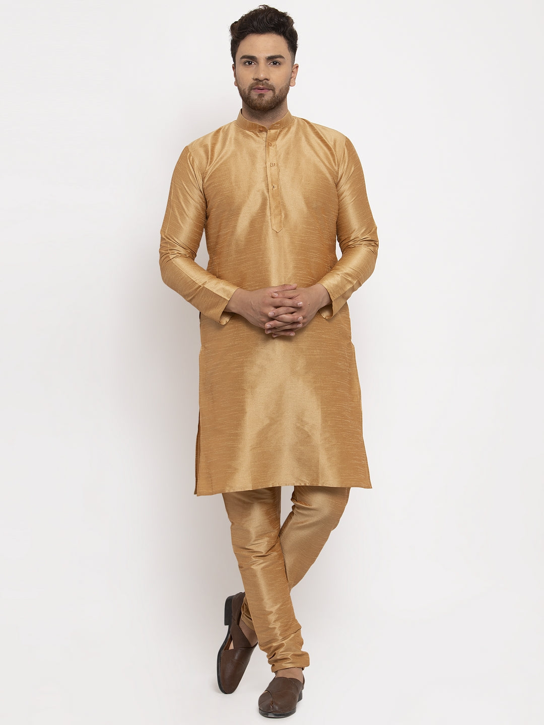Jompers Men's Solid Dupion Kurta Pajama with Woven Jacqaurd Waistcoat (Golden-G) | Grocsy