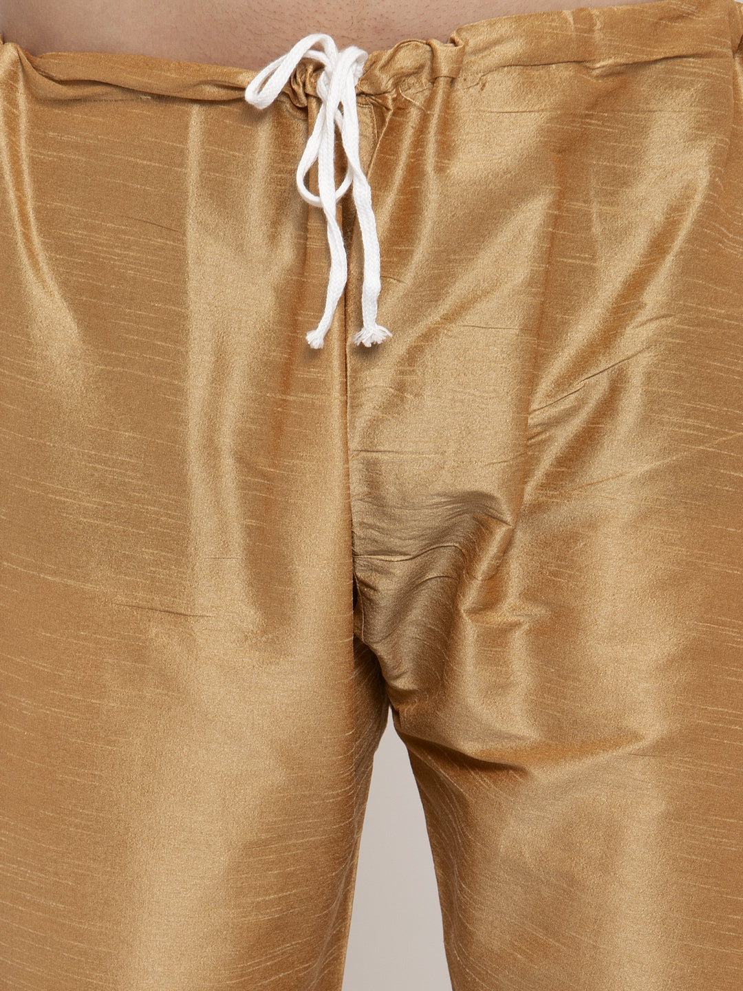 Jompers Men's Solid Dupion Kurta Pajama with Woven Jacqaurd Waistcoat (Golden-G) | Grocsy