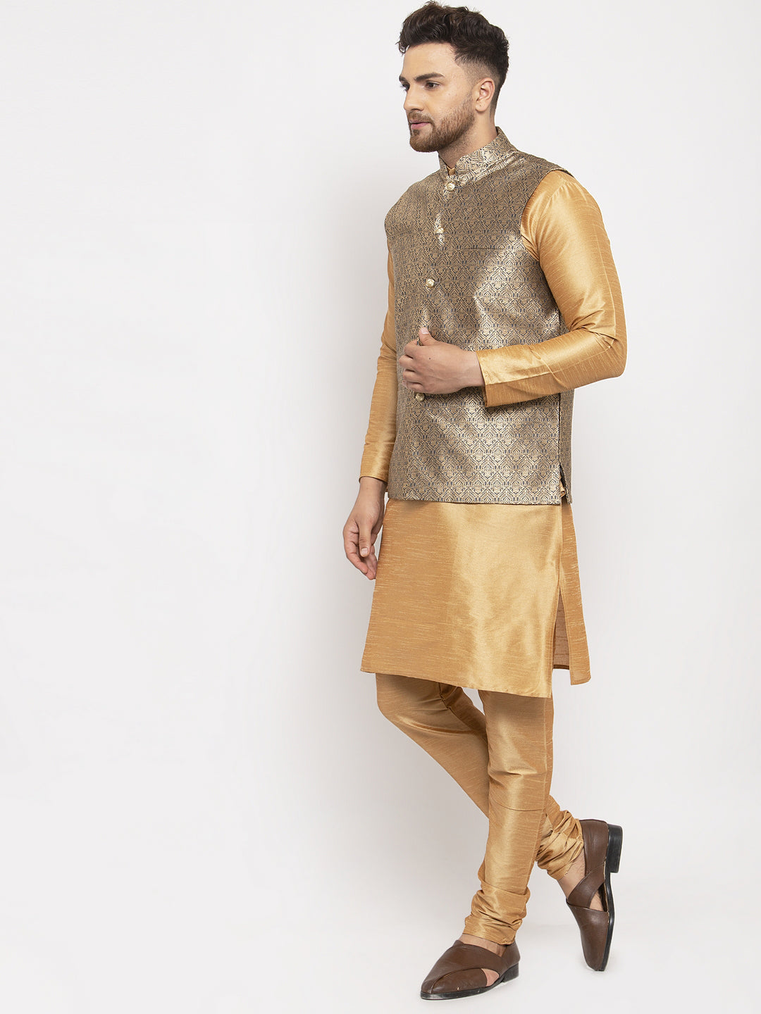 Jompers Men's Solid Dupion Kurta Pajama with Woven Jacqaurd Waistcoat (Grey-G) | Grocsy