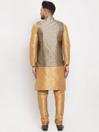 Jompers Men's Solid Dupion Kurta Pajama with Woven Jacqaurd Waistcoat (Grey-G) | Grocsy