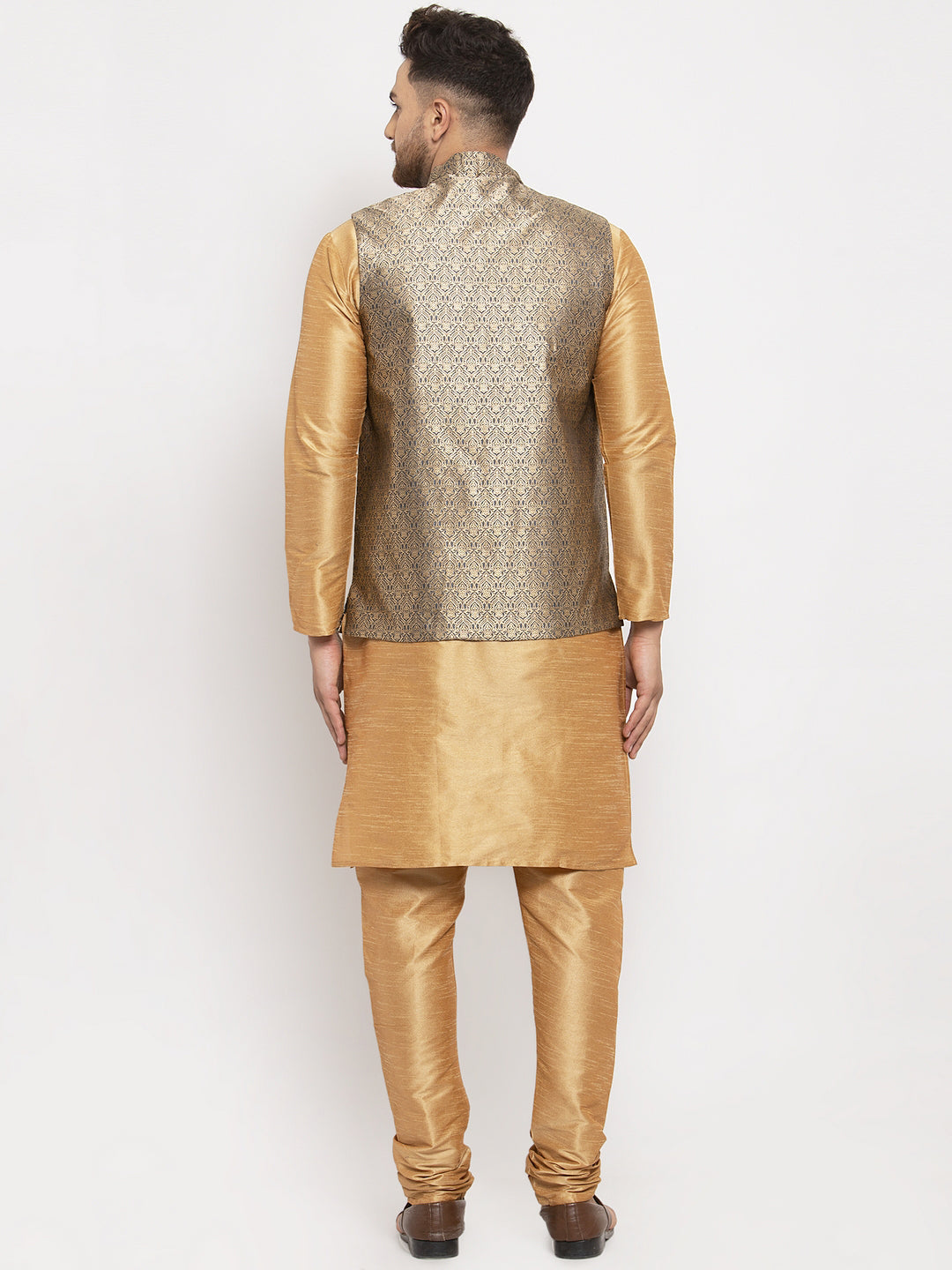 Jompers Men's Solid Dupion Kurta Pajama with Woven Jacqaurd Waistcoat (Grey-G) | Grocsy