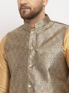 Jompers Men's Solid Dupion Kurta Pajama with Woven Jacqaurd Waistcoat (Grey-G) | Grocsy