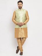 Jompers Men's Solid Dupion Kurta Pajama with Woven Jacqaurd Waistcoat (Lime-G) | Grocsy