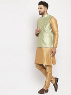 Jompers Men's Solid Dupion Kurta Pajama with Woven Jacqaurd Waistcoat (Lime-G) | Grocsy