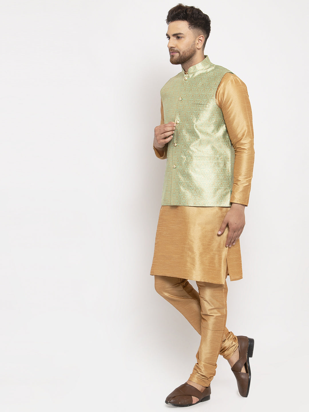Jompers Men's Solid Dupion Kurta Pajama with Woven Jacqaurd Waistcoat (Lime-G) | Grocsy