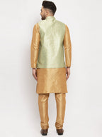 Jompers Men's Solid Dupion Kurta Pajama with Woven Jacqaurd Waistcoat (Lime-G) | Grocsy
