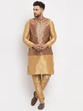 Jompers Men's Solid Dupion Kurta Pajama with Woven Jacqaurd Waistcoat (Maroon-G) | Grocsy
