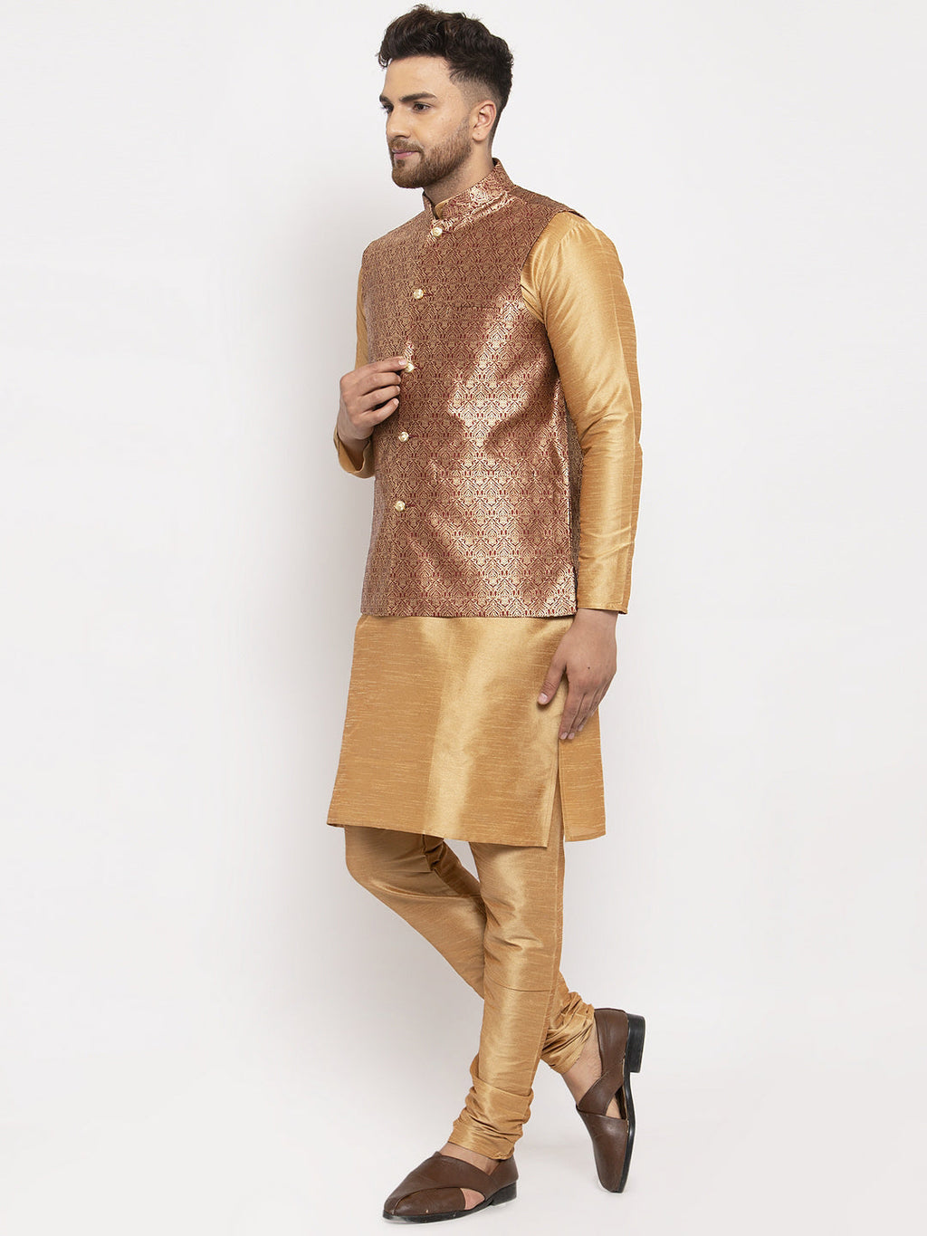 Jompers Men's Solid Dupion Kurta Pajama with Woven Jacqaurd Waistcoat (Maroon-G) | Grocsy