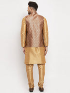 Jompers Men's Solid Dupion Kurta Pajama with Woven Jacqaurd Waistcoat (Maroon-G) | Grocsy