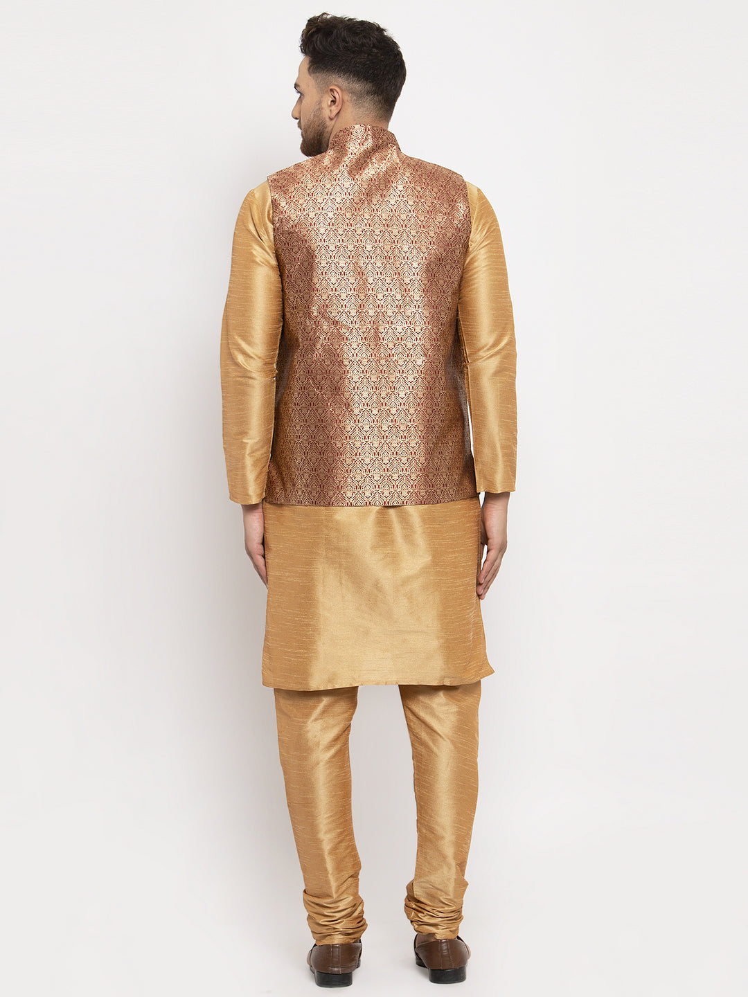 Jompers Men's Solid Dupion Kurta Pajama with Woven Jacqaurd Waistcoat (Maroon-G) | Grocsy