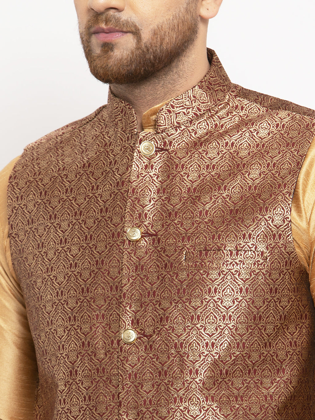 Jompers Men's Solid Dupion Kurta Pajama with Woven Jacqaurd Waistcoat (Maroon-G) | Grocsy