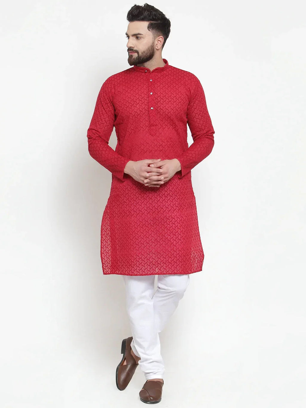 Jompers Men's Maroon Chikan Kurta with Churidar | Grocsy