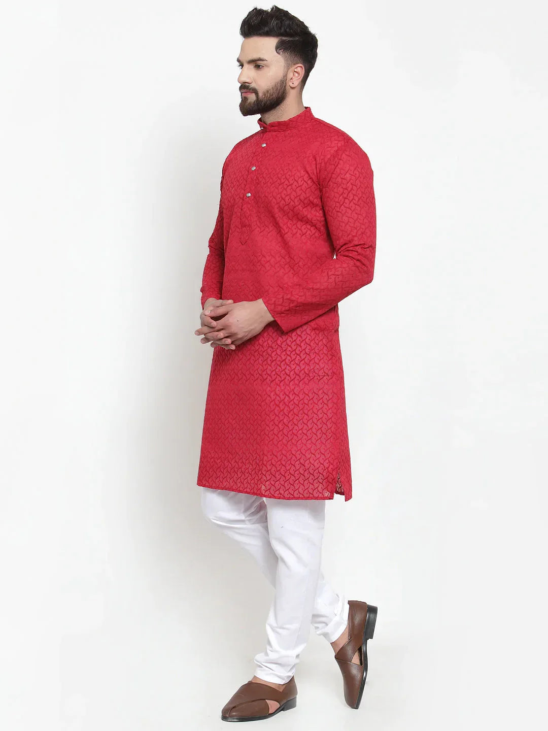 Jompers Men's Maroon Chikan Kurta with Churidar | Grocsy