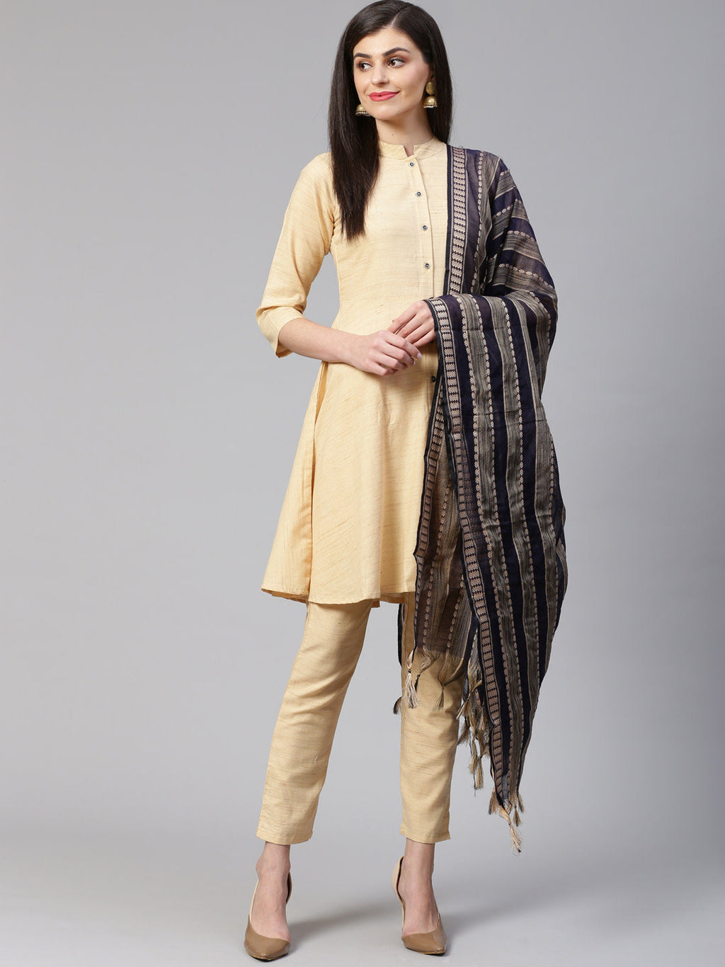 Jompers Women Beige Solid Kurta with Trousers & Dupatta | Grocsy