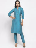 Jompers Women Blue & Green Self-Striped Kurta with Trousers | Grocsy