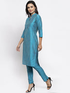 Jompers Women Blue & Green Self-Striped Kurta with Trousers | Grocsy