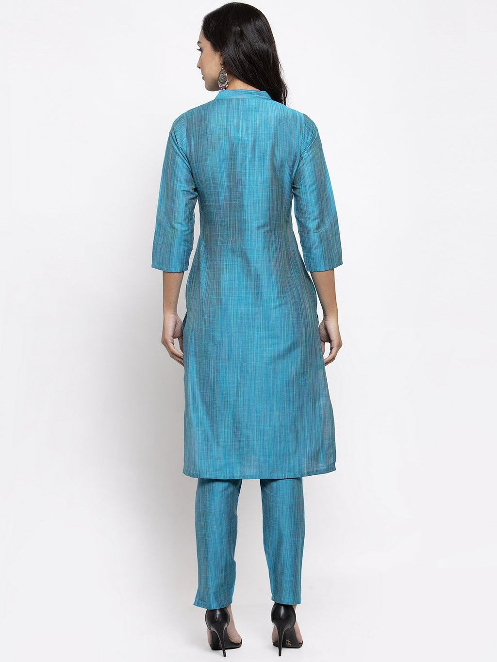 Jompers Women Blue & Green Self-Striped Kurta with Trousers | Grocsy