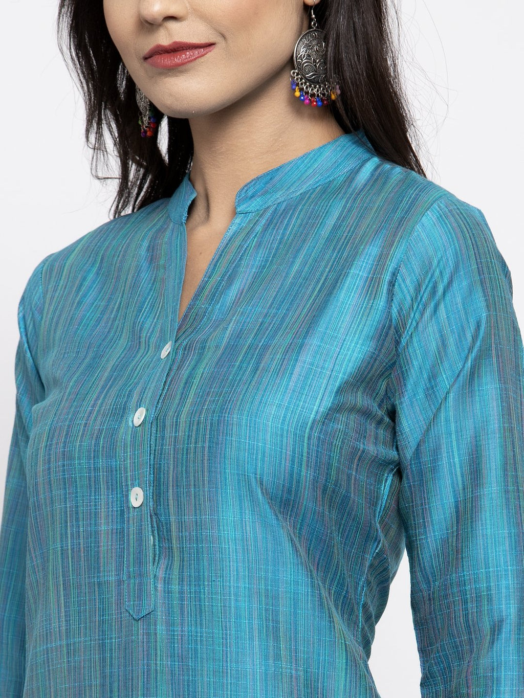 Jompers Women Blue & Green Self-Striped Kurta with Trousers | Grocsy