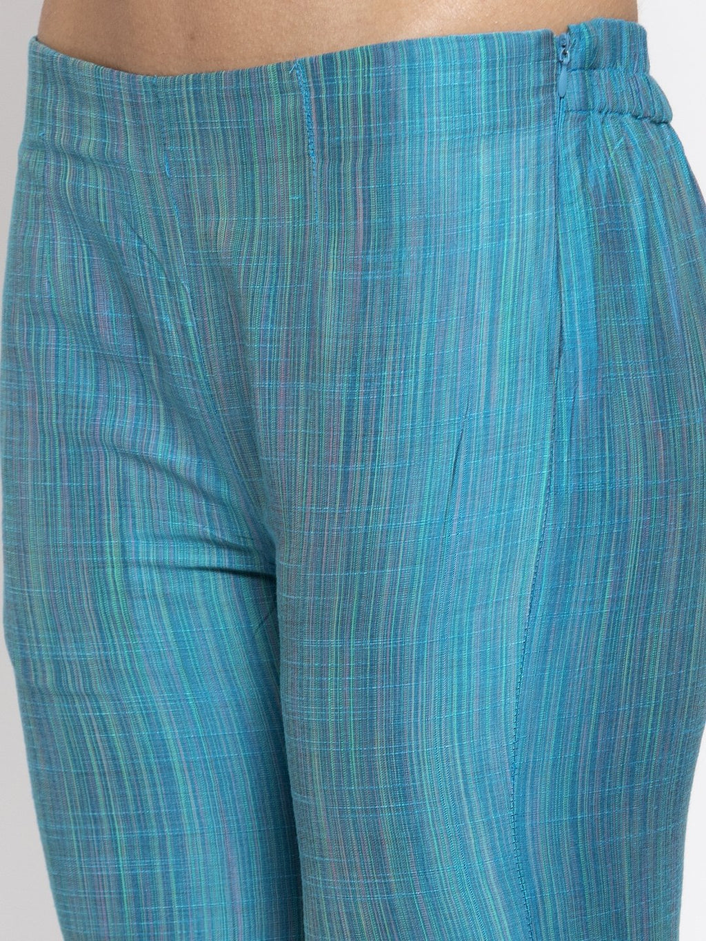 Jompers Women Blue & Green Self-Striped Kurta with Trousers | Grocsy