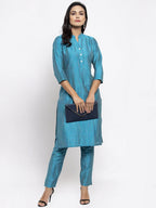 Jompers Women Blue & Green Self-Striped Kurta with Trousers | Grocsy