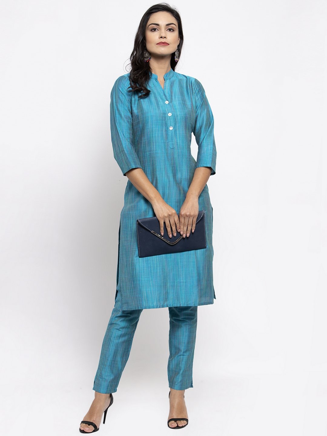 Jompers Women Blue & Green Self-Striped Kurta with Trousers | Grocsy