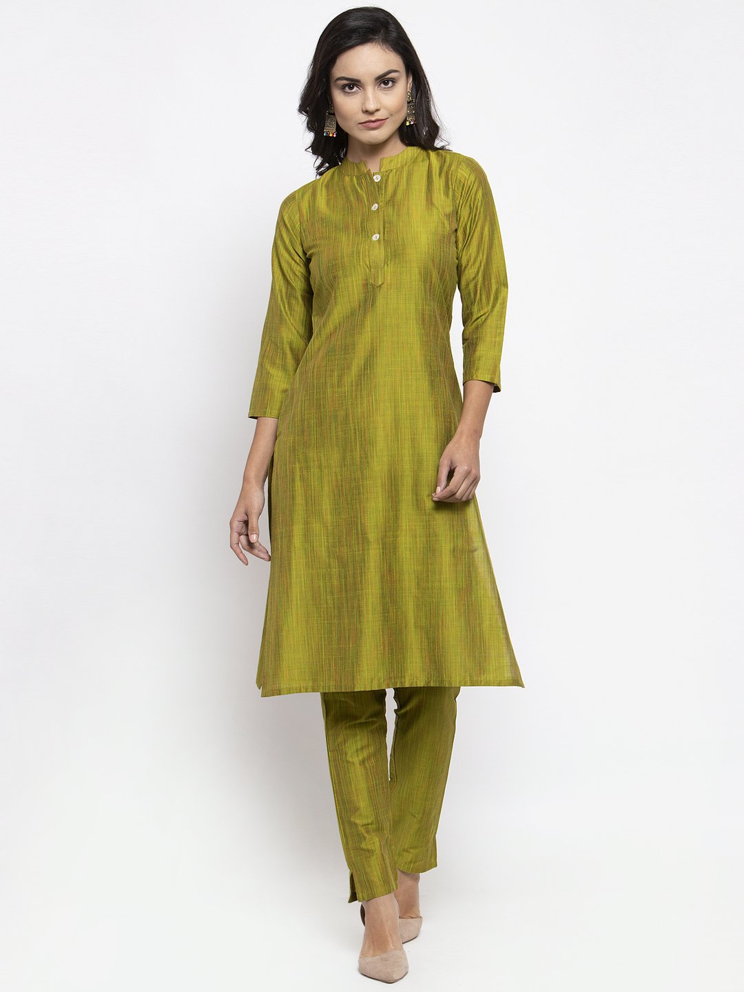 Jompers Women Green Self-Striped Kurta with Trousers | Grocsy