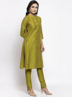 Jompers Women Green Self-Striped Kurta with Trousers | Grocsy
