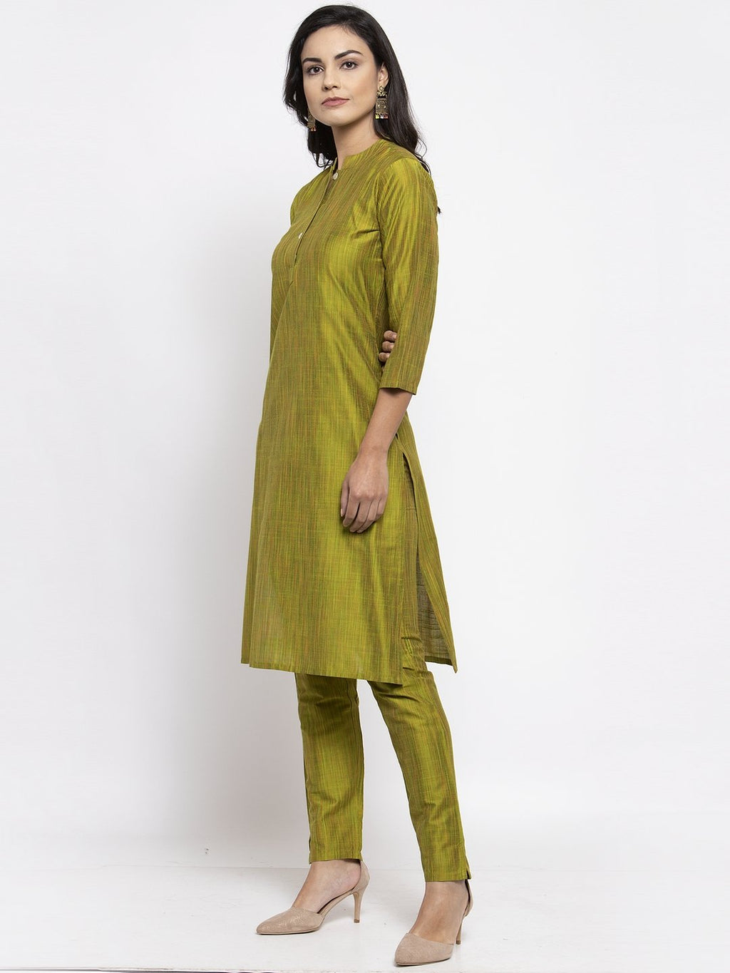 Jompers Women Green Self-Striped Kurta with Trousers | Grocsy