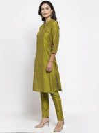 Jompers Women Green Self-Striped Kurta with Trousers | Grocsy
