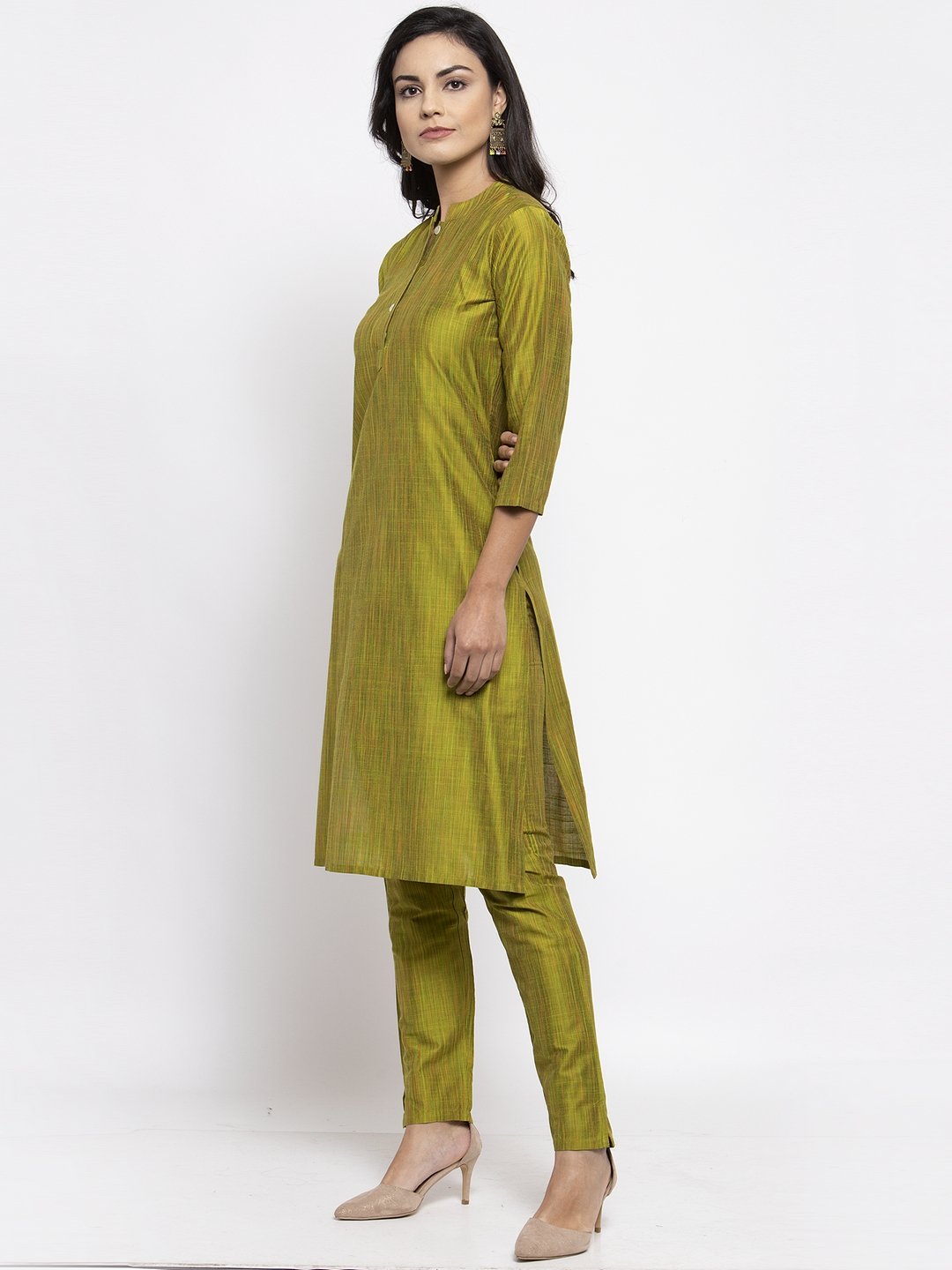 Jompers Women Green Self-Striped Kurta with Trousers | Grocsy