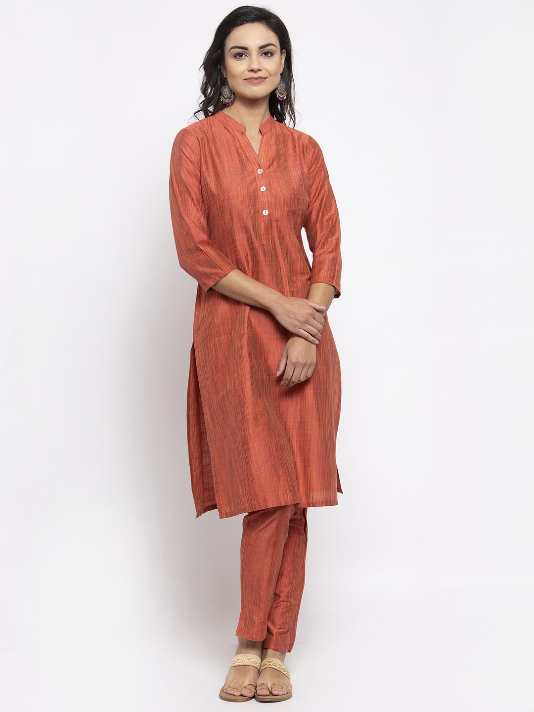 Jompers Women Orange Self-Striped Kurta with Trousers | Grocsy