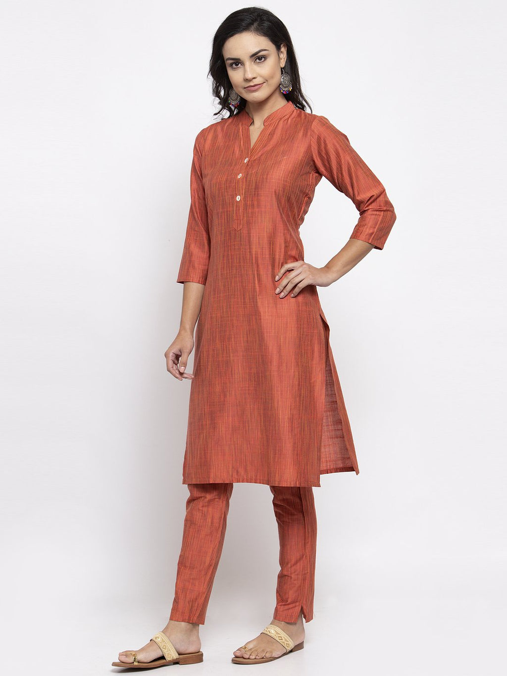 Jompers Women Orange Self-Striped Kurta with Trousers | Grocsy