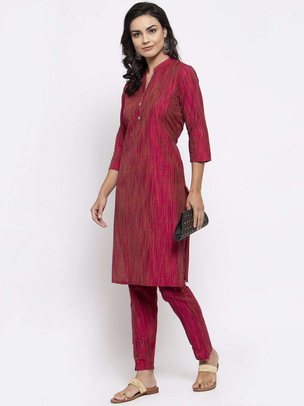 Jompers Women Pink Self-Striped Kurta with Trousers | Grocsy