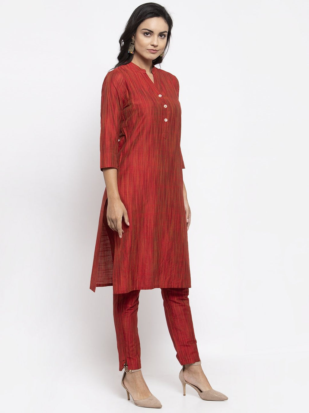 Jompers Women Red Self-Striped Kurta with Trousers | Grocsy