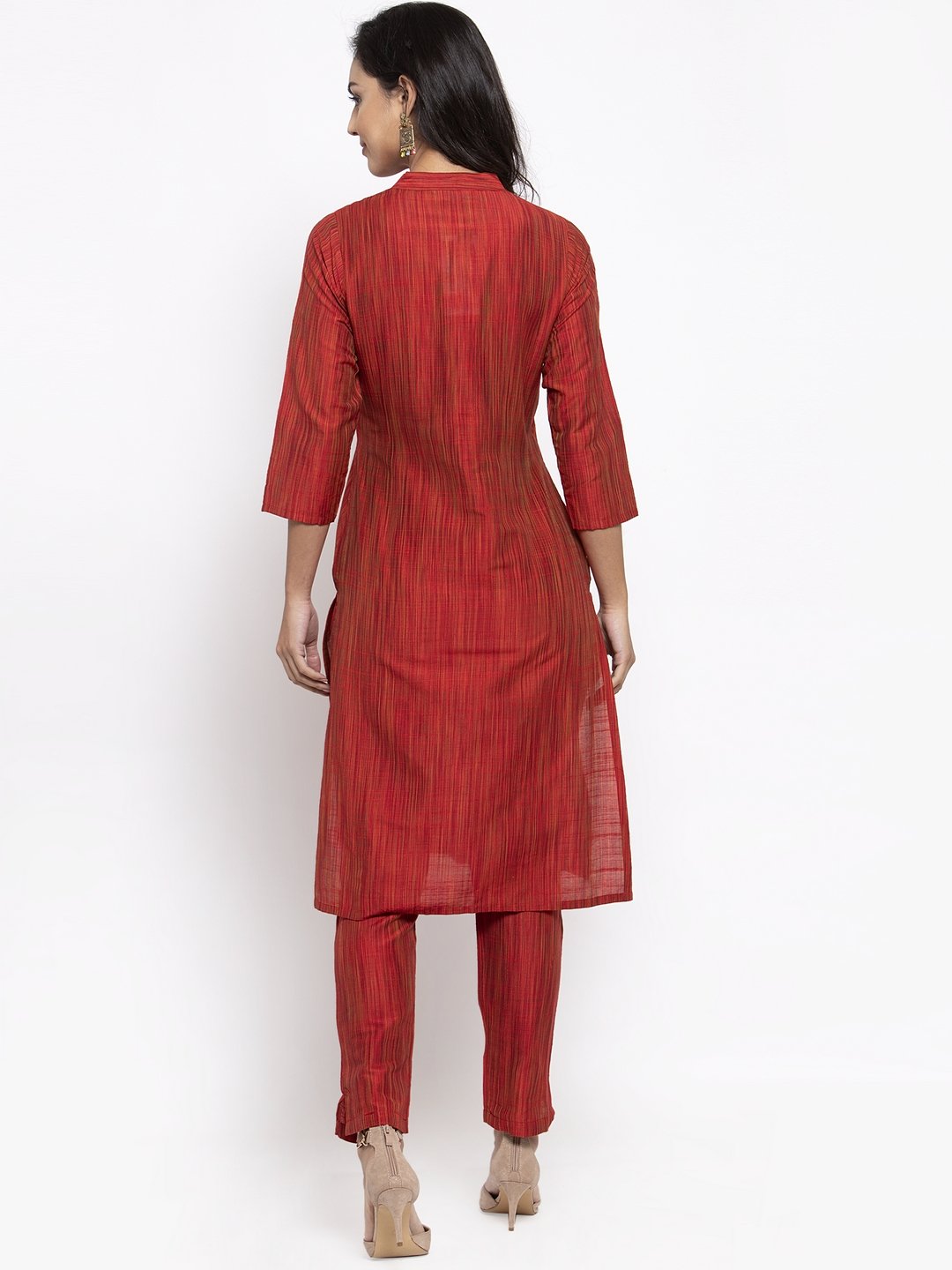 Jompers Women Red Self-Striped Kurta with Trousers | Grocsy