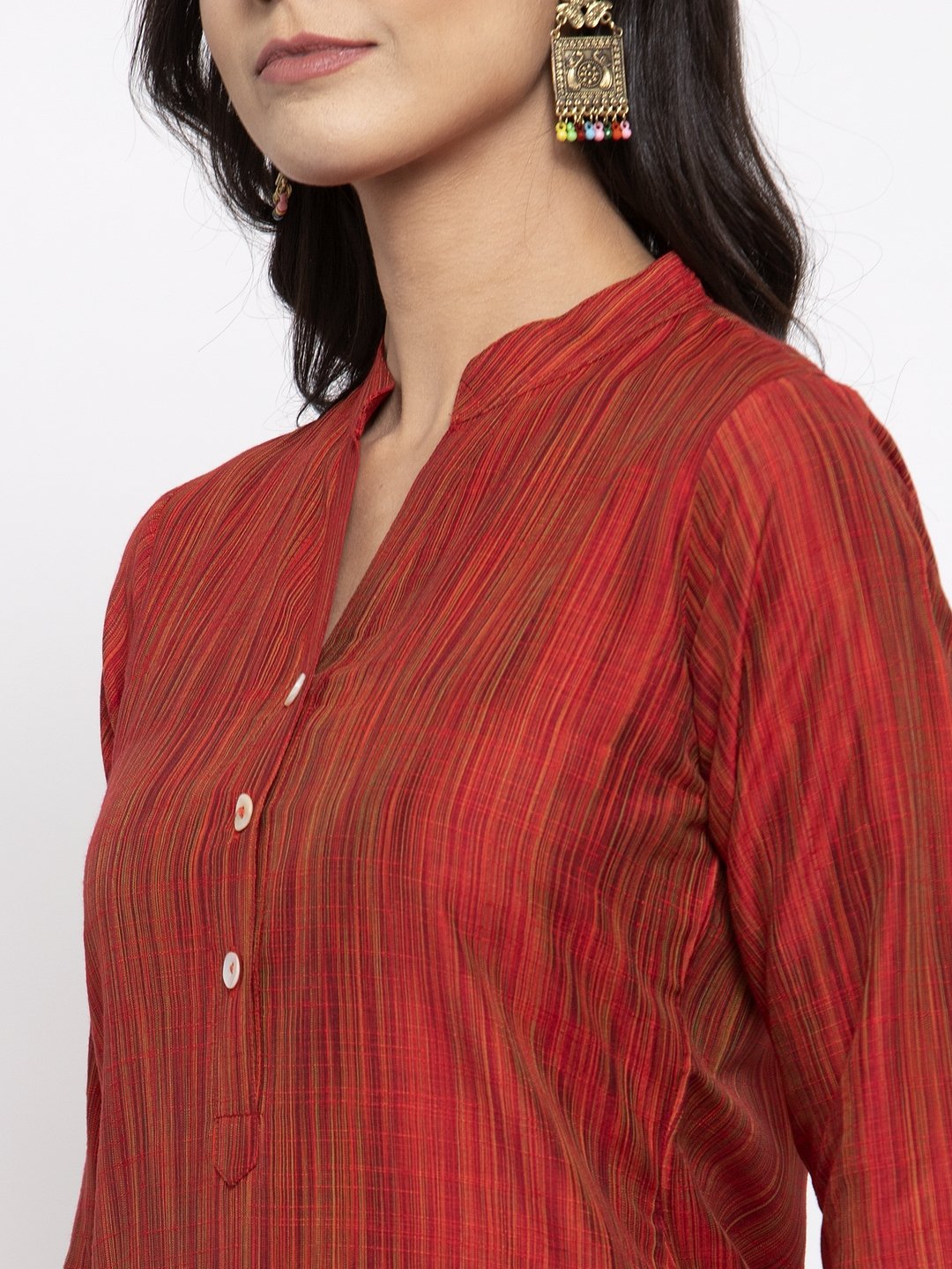 Jompers Women Red Self-Striped Kurta with Trousers | Grocsy