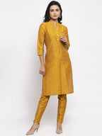 Jompers Women Yellow Self-Striped Kurta with Trousers | Grocsy