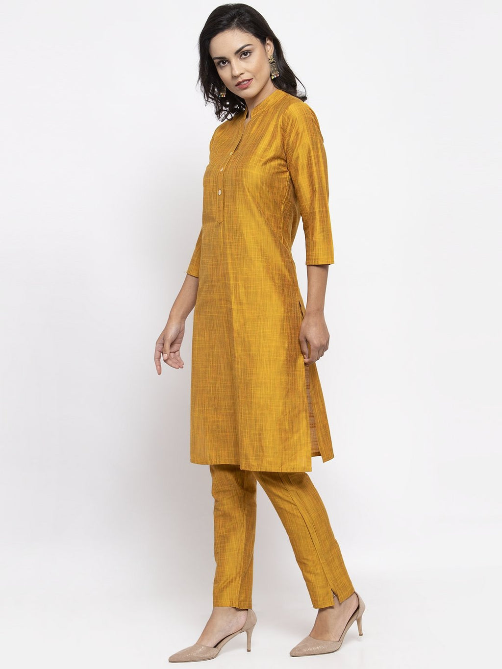 Jompers Women Yellow Self-Striped Kurta with Trousers | Grocsy