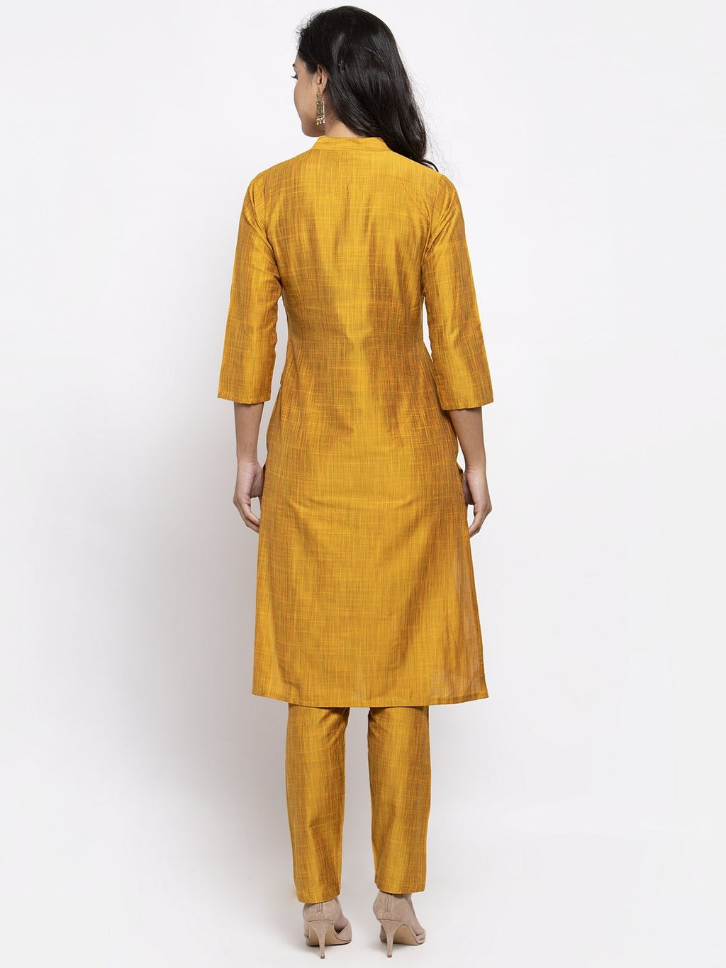Jompers Women Yellow Self-Striped Kurta with Trousers | Grocsy