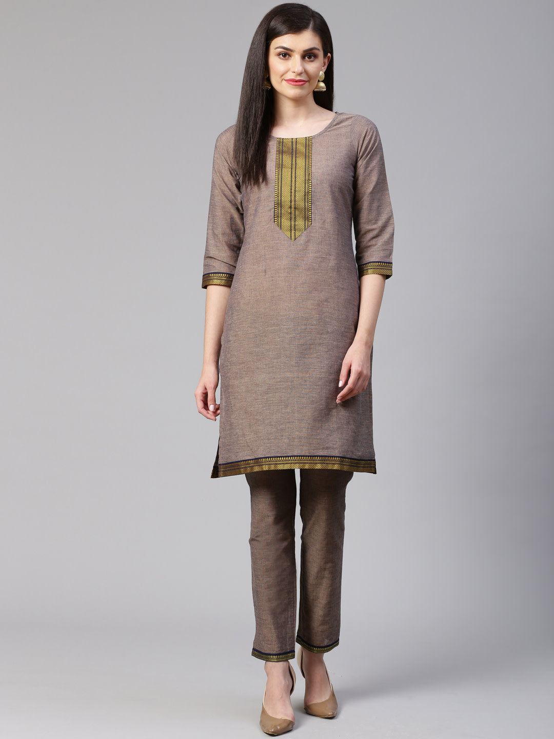 Jompers Women Grey Yoke Design Kurta with Trousers | Grocsy