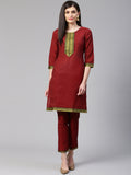 Jompers Women Maroon Yoke Design Kurta with Trousers | Grocsy