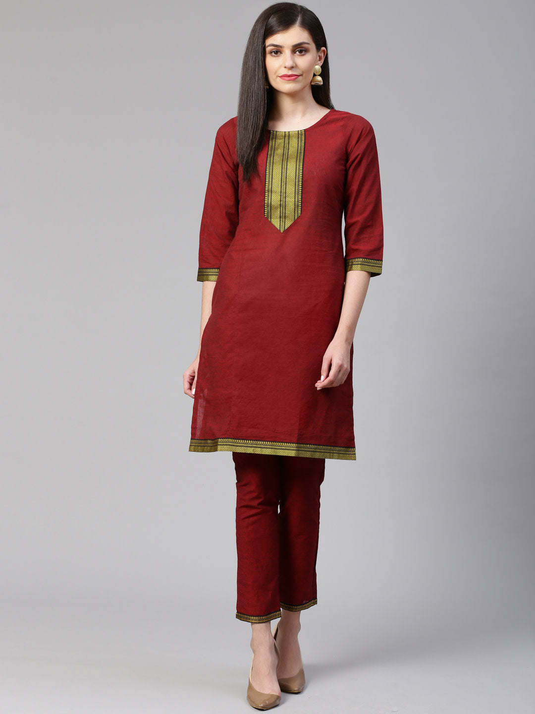 Jompers Women Maroon Yoke Design Kurta with Trousers | Grocsy