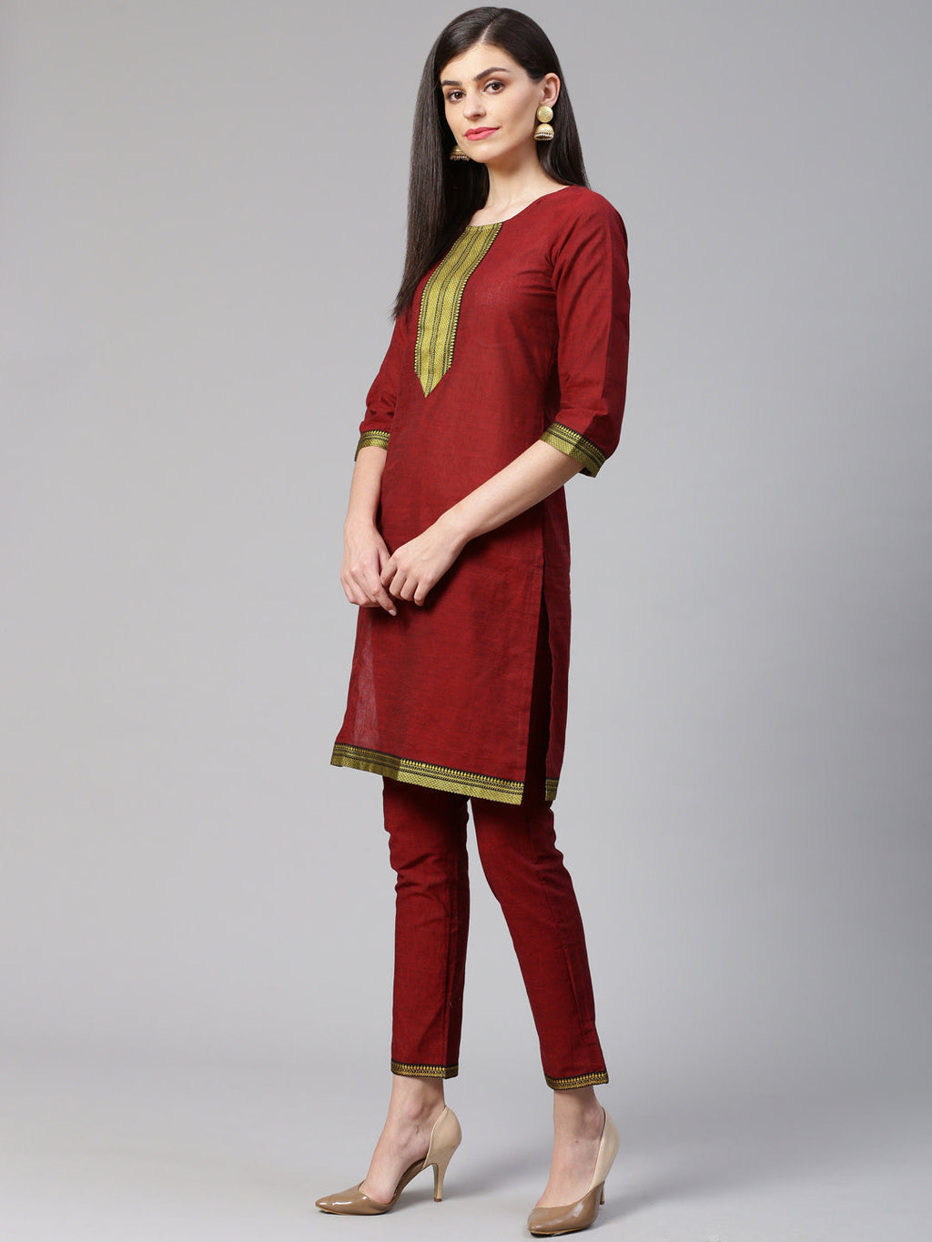 Jompers Women Maroon Yoke Design Kurta with Trousers | Grocsy