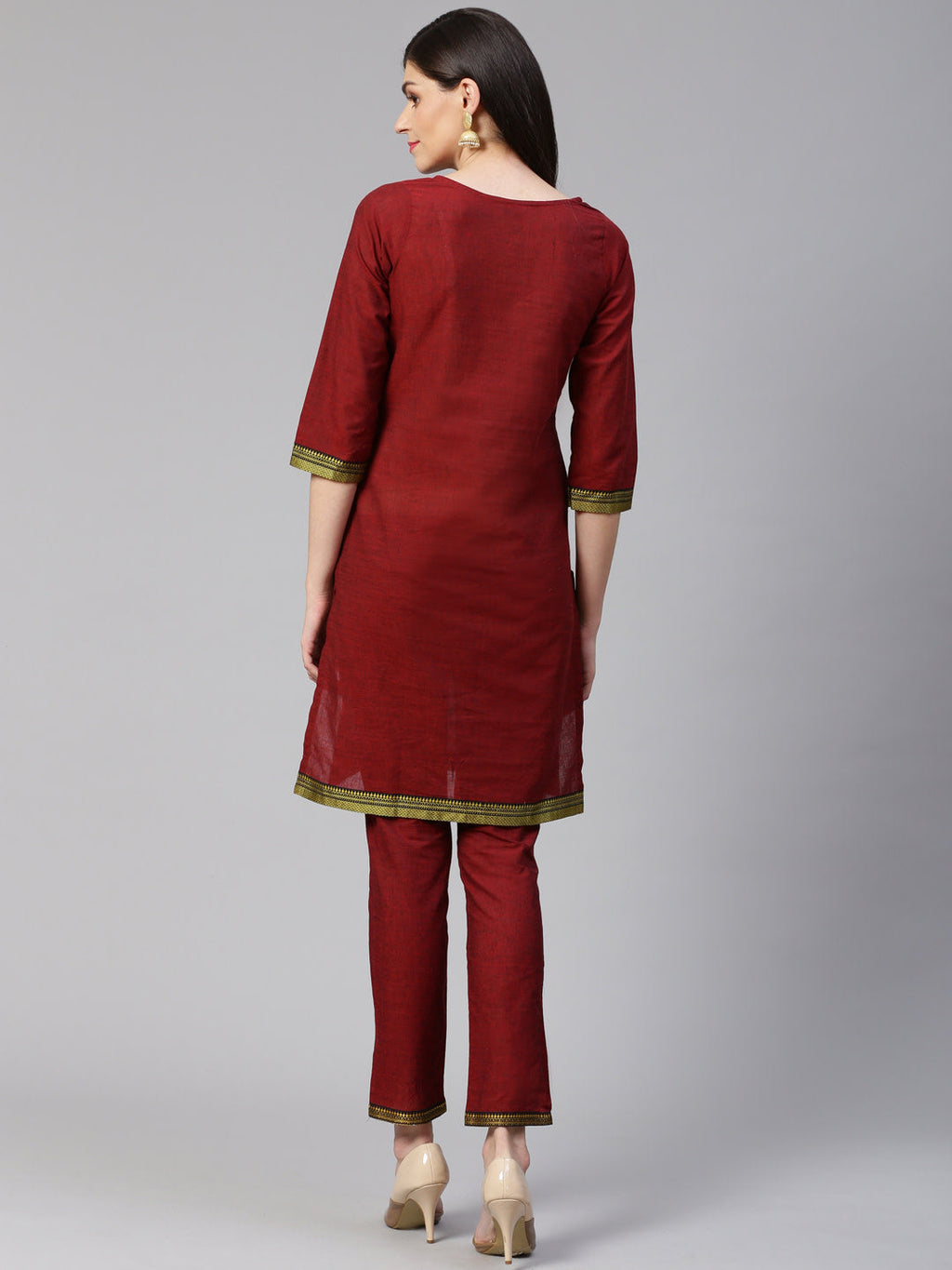Jompers Women Maroon Yoke Design Kurta with Trousers | Grocsy