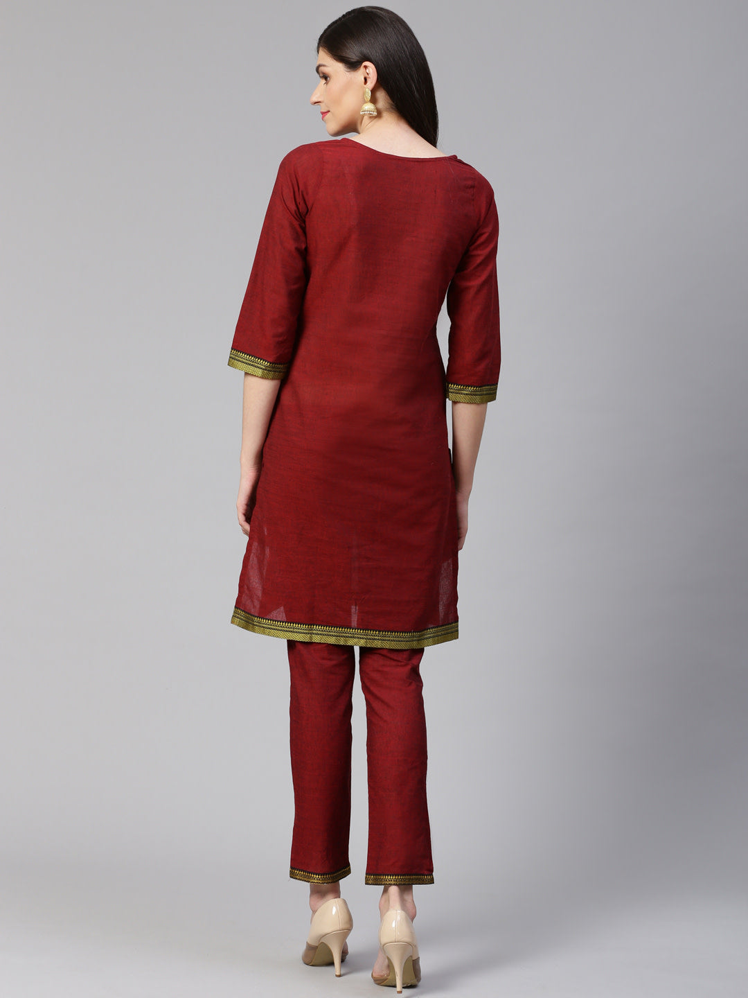 Jompers Women Maroon Yoke Design Kurta with Trousers | Grocsy