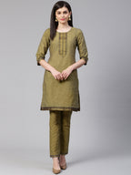 Jompers Women Mustard Yoke Design Kurta with Trousers | Grocsy