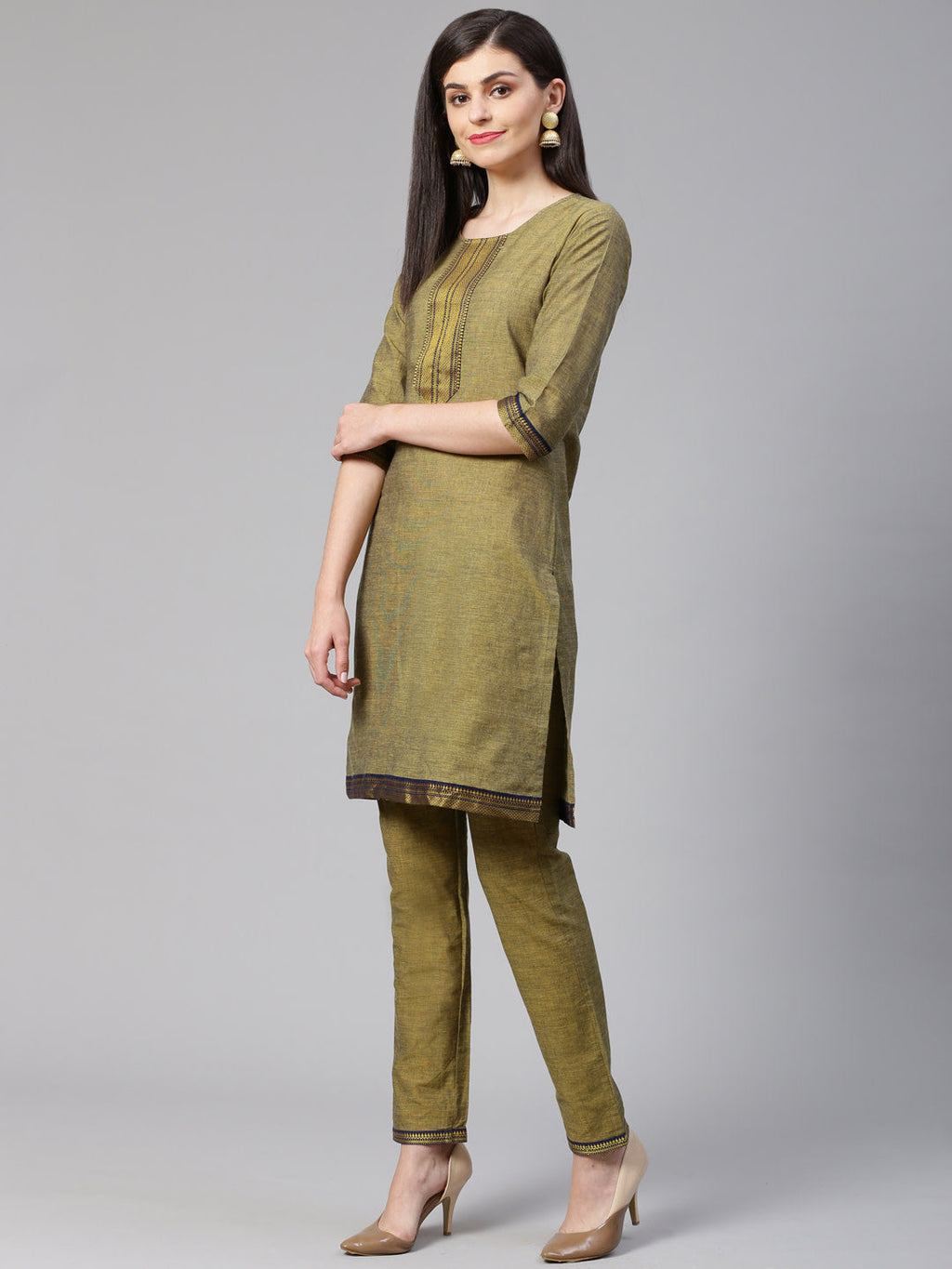 Jompers Women Mustard Yoke Design Kurta with Trousers | Grocsy
