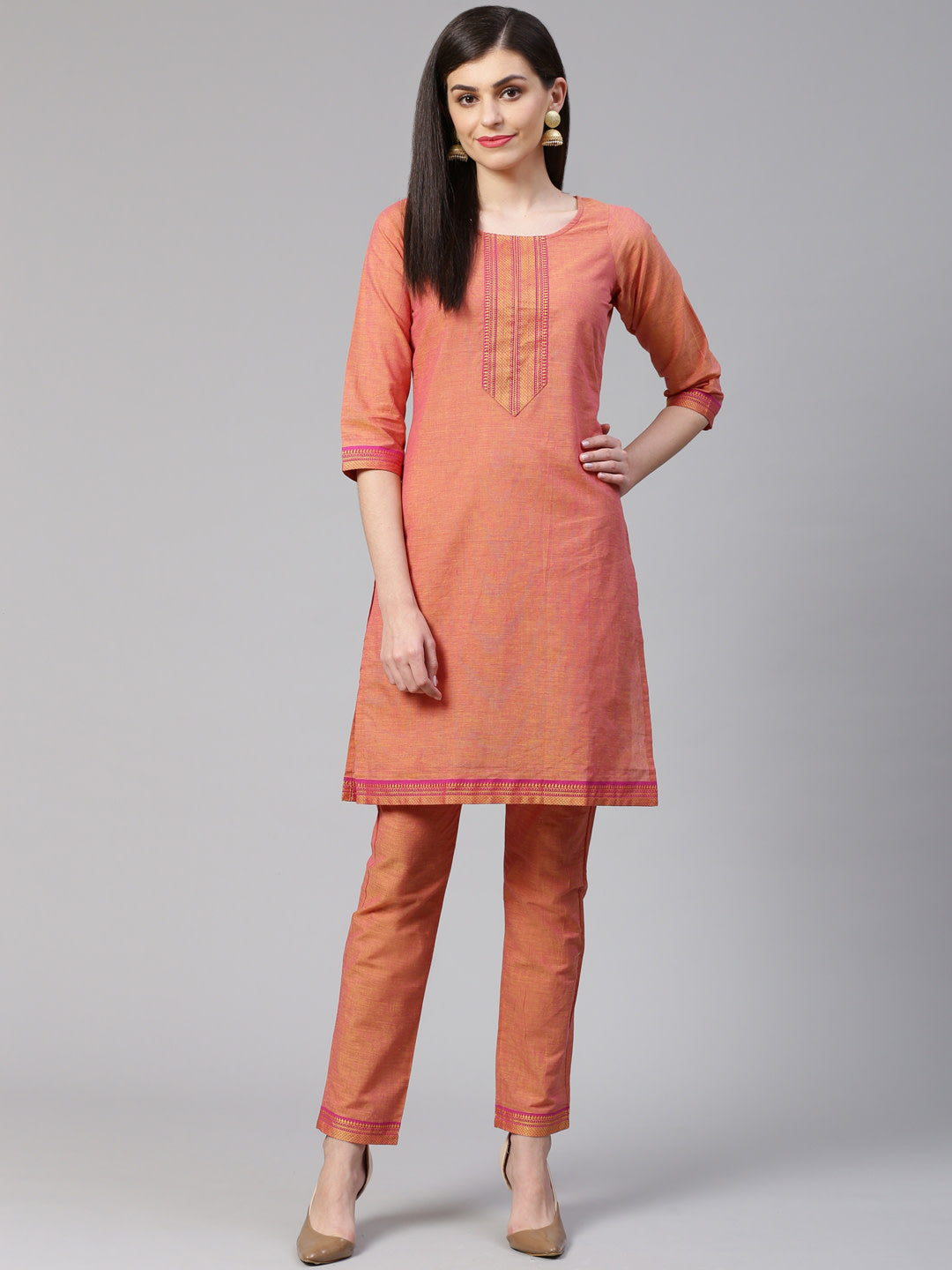 Jompers Women Pink Yoke Design Kurta with Trousers | Grocsy
